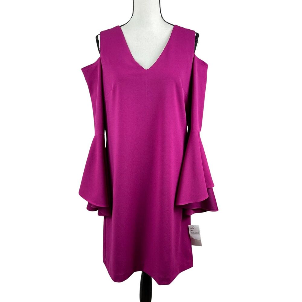 Donna Ricco Women’s Dress 12 Magenta Cold Shoulder V‑Neck Bell Sleeve Cocktail